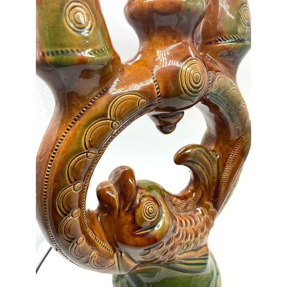 Vtg Majolica Fish Ceramic Candelabra Skopinskaya‎ Mid Century Set of 2 Folk Art